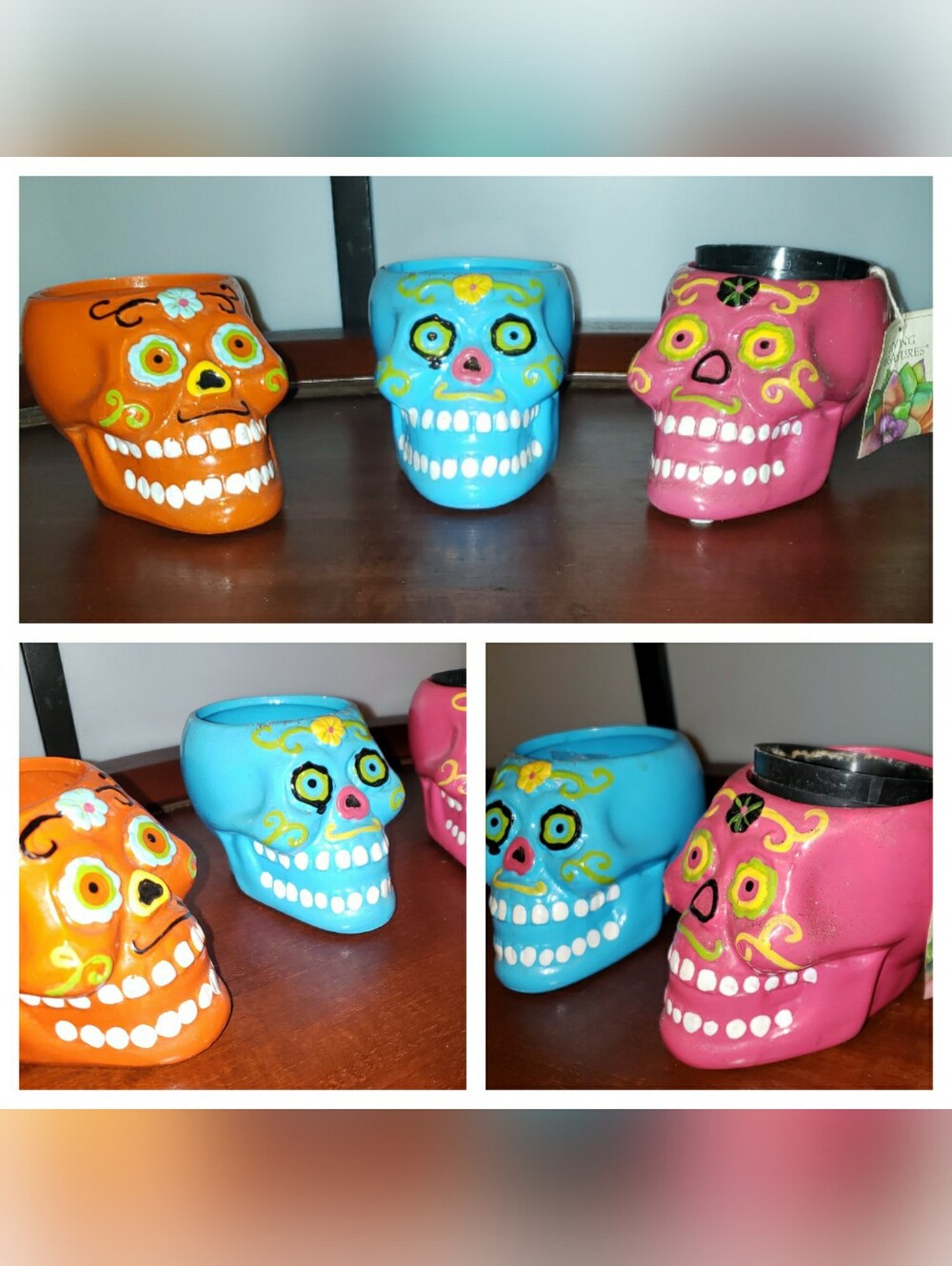 Colorful Sugar Skull Flower Pot Set - Orange, Blue, Pink